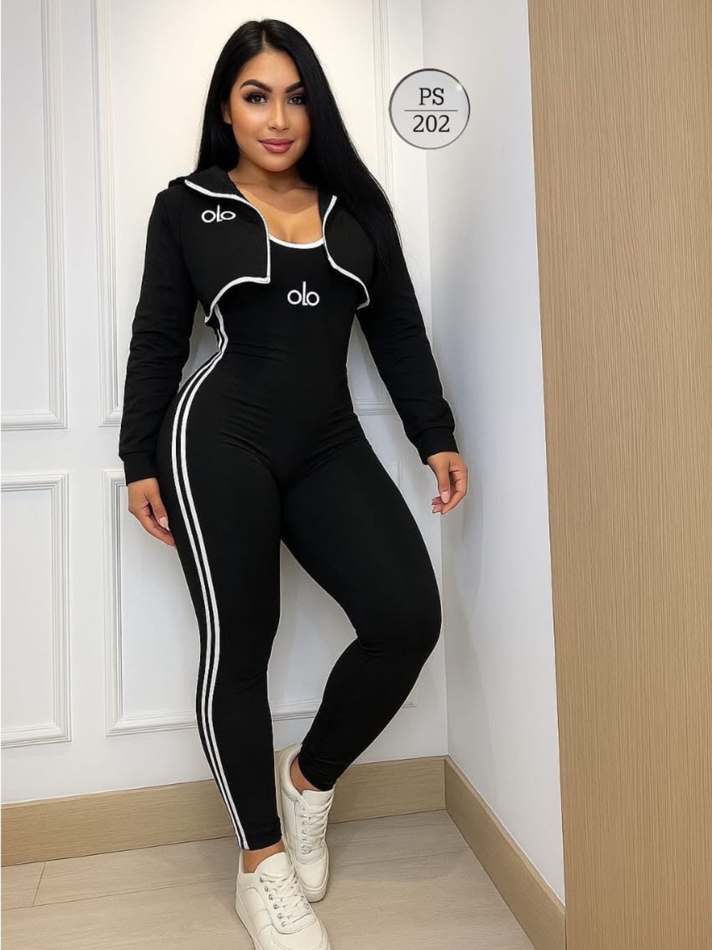 Black Two-Piece Jumpsuit Set with White Stripe